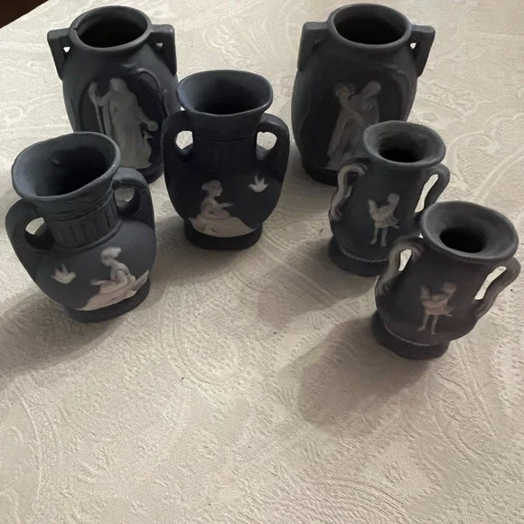 Mini Blue Vases with White Accents. Set of 6 - Picture 2 of 2